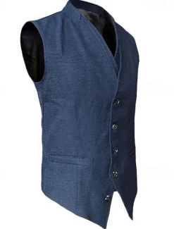 Hot OUKU Men's Vest Waistcoat Wedding Business Daily Business Casual Spring Fall Pocket Polyester Breathable Plain Single Breasted V Neck Regular Fit Vest Navy Blue