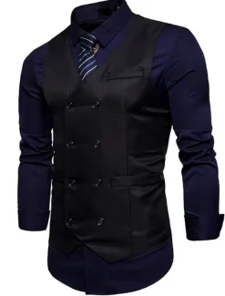 OUKU Men's Vest Waistcoat Wedding Work Business Casual Smart Casual Polyester Solid Colored V Neck Black White Wine Navy Blue Vest