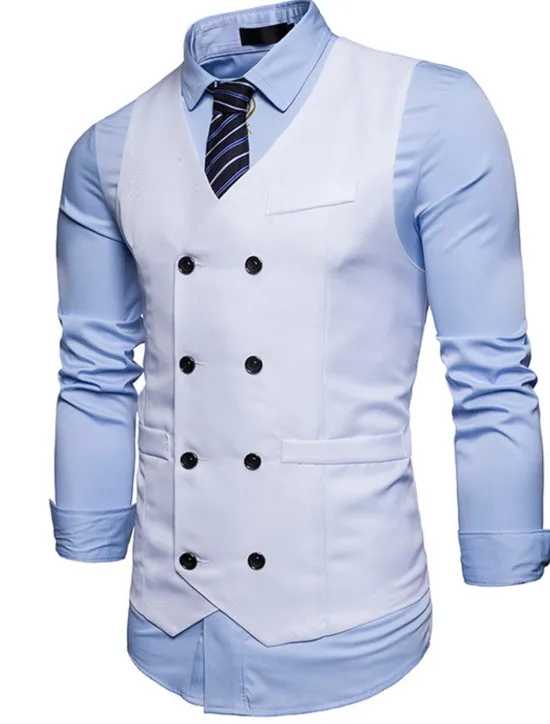 OUKU Men's Vest Waistcoat Wedding Work Business Casual Smart Casual Polyester Solid Colored V Neck Black White Wine Navy Blue Vest