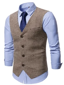 Outlet OUKU Men's Vest Waistcoat Wedding Work Business Business Casual Fall Winter Patchwork Pocket Cotton Blend Thermal Warm Color Block Houndstooth Single Breasted V Neck Regular Fit Coffee Gray Vest