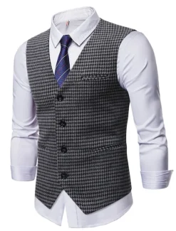 Outlet OUKU Men's Vest Waistcoat Wedding Work Business Business Casual Fall Winter Patchwork Pocket Cotton Blend Thermal Warm Color Block Houndstooth Single Breasted V Neck Regular Fit Coffee Gray Vest