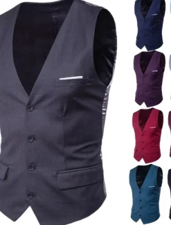 Sale OUKU Men's Vest Waistcoat Wedding Work Street Business Streetwear Business Summer Fall Pocket Cotton Breathable Solid Color Single Breasted V Neck Regular Fit Lake blue Black Wine Red Vest
