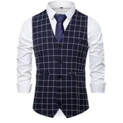 OUKU Men's Vest Waistcoat Wedding Office & Career Daily Wear Going out Business Retro Fall & Winter Button Pocket Polyester Outdoor Comfortable Casual Plaid Single Breasted V Wire Regular Fit Light Blue