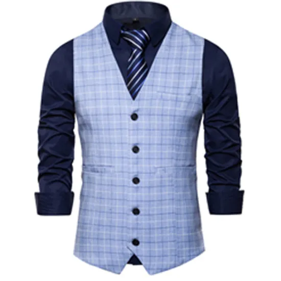 OUKU Men's Vest Waistcoat Wedding Office & Career Daily Wear Going out Business Retro Fall & Winter Button Pocket Polyester Outdoor Comfortable Casual Plaid Single Breasted V Wire Regular Fit Light Blue