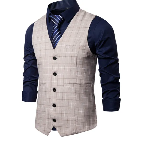 OUKU Men's Vest Waistcoat Wedding Office & Career Daily Wear Going out Business Retro Fall & Winter Button Pocket Polyester Outdoor Comfortable Casual Plaid Single Breasted V Wire Regular Fit Light Blue