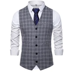 OUKU Men's Vest Waistcoat Wedding Office & Career Daily Wear Going out Business Retro Fall & Winter Button Pocket Polyester Outdoor Comfortable Casual Plaid Single Breasted V Wire Regular Fit Light Blue
