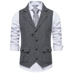 Hot OUKU Men's Vest Waistcoat Wedding Party / Evening Vintage Retro Spring Fall Pocket Polyester Warm Solid Color Single Breasted Regular Fit Navy Blue Dark Green Coffee Gray Vest