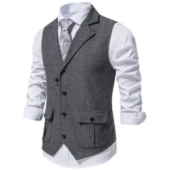 Hot OUKU Men's Vest Waistcoat Wedding Party / Evening Vintage Retro Spring Fall Pocket Polyester Warm Solid Color Single Breasted Regular Fit Navy Blue Dark Green Coffee Gray Vest