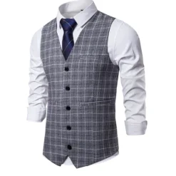 OUKU Men's Vest Waistcoat Wedding Daily Wear Going out Festival Business Basic Fall & Winter Pocket Polyester Breathable Soft Comfortable Plaid Single Breasted V Neck Regular Fit Camel ash-colored Dark