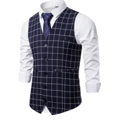 OUKU Men's Vest Waistcoat Wedding Daily Wear Going out Festival Business Basic Fall & Winter Pocket Polyester Breathable Soft Comfortable Plaid Single Breasted V Neck Regular Fit Camel ash-colored Dark