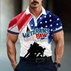 OUKU Men's Veterans Patriotic Polo Shirts Golf Shirt Short Sleeve Polo Shirts Collared Shirts Casual Streetwear Vacation Wear Party Outfits Buttons 3D Print Summer Spring White