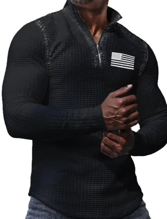 Online OUKU Men's Veterans Patriotic Waffle Polo Shirts Golf Polos Shirts Long Sleeve Polo Shirts Turndown Zip Business Outdoor Casual Daily Streetwear 3D Print Fall & Winter Black White Khaki
