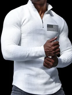Online OUKU Men's Veterans Patriotic Waffle Polo Shirts Golf Polos Shirts Long Sleeve Polo Shirts Turndown Zip Business Outdoor Casual Daily Streetwear 3D Print Fall & Winter Black White Khaki