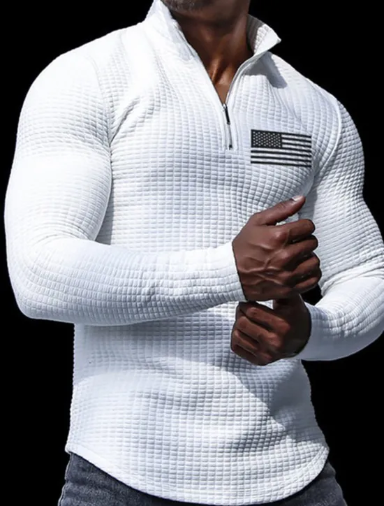 Online OUKU Men's Veterans Patriotic Waffle Polo Shirts Golf Polos Shirts Long Sleeve Polo Shirts Turndown Zip Business Outdoor Casual Daily Streetwear 3D Print Fall & Winter Black White Khaki