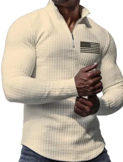 Online OUKU Men's Veterans Patriotic Waffle Polo Shirts Golf Polos Shirts Long Sleeve Polo Shirts Turndown Zip Business Outdoor Casual Daily Streetwear 3D Print Fall & Winter Black White Khaki