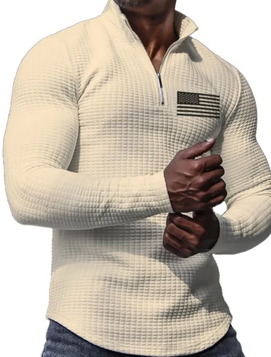 Online OUKU Men's Veterans Patriotic Waffle Polo Shirts Golf Polos Shirts Long Sleeve Polo Shirts Turndown Zip Business Outdoor Casual Daily Streetwear 3D Print Fall & Winter Black White Khaki