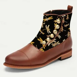 Outlet OUKU Men's Victorian Faux Leather Ankle Boots with Embroidered Dragonfly Jacquard Fabric and Gold Button Accents – Vintage-Inspired Dress Boots Brown