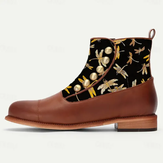 Outlet OUKU Men's Victorian Faux Leather Ankle Boots with Embroidered Dragonfly Jacquard Fabric and Gold Button Accents – Vintage-Inspired Dress Boots Brown