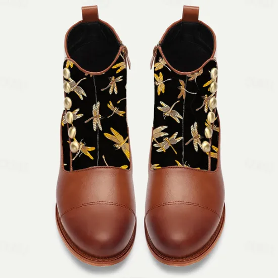 Outlet OUKU Men's Victorian Faux Leather Ankle Boots with Embroidered Dragonfly Jacquard Fabric and Gold Button Accents – Vintage-Inspired Dress Boots Brown