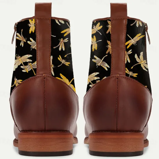 Outlet OUKU Men's Victorian Faux Leather Ankle Boots with Embroidered Dragonfly Jacquard Fabric and Gold Button Accents – Vintage-Inspired Dress Boots Brown