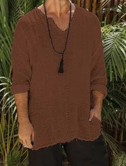 Best OUKU Men's Viking Style Summer Shirt Beach Wear Casual Shirt Plain Vacation Curise Brown Khaki Beige Long Sleeve V Neck Spring & Summer Clothing Apparel