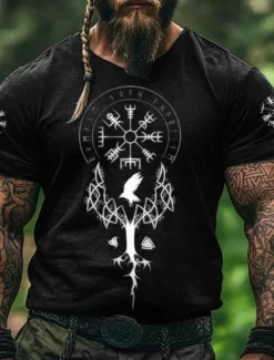 Best OUKU Men's Viking T Shirt Short Sleeve T shirt 3D Print Crew Neck Shirt Fashion Ethnic Street Casual Daily Black 1 Black 3 Black Summer Spring All Seasons Clothing Apparel S M L XL XXL XXXL