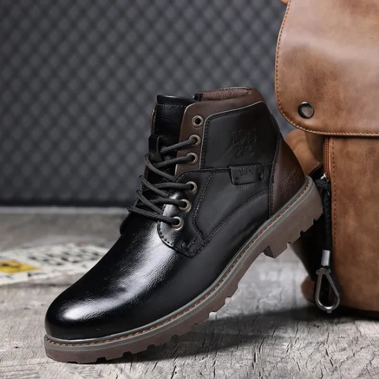 Sale OUKU Men's Vintage Brown Faux Leather Ankle Boots – Classic Lace-Up Design with Rugged Sole for Work & Casual Wear