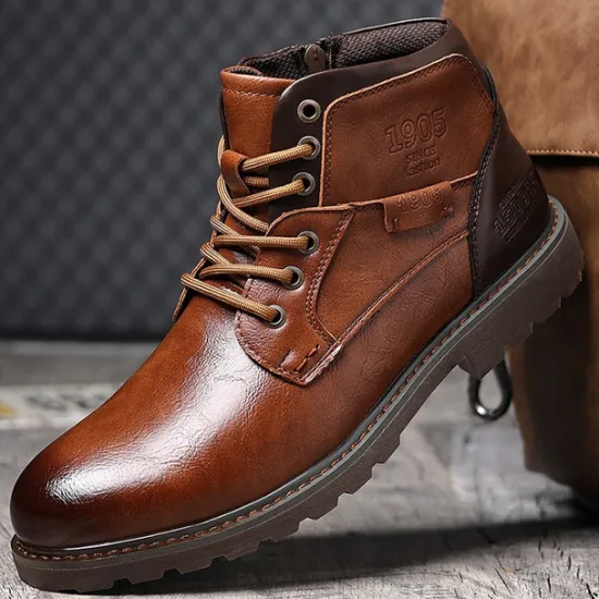 Sale OUKU Men's Vintage Brown Faux Leather Ankle Boots – Classic Lace-Up Design with Rugged Sole for Work & Casual Wear