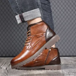 Sale OUKU Men's Vintage Brown Faux Leather Ankle Boots – Classic Lace-Up Design with Rugged Sole for Work & Casual Wear