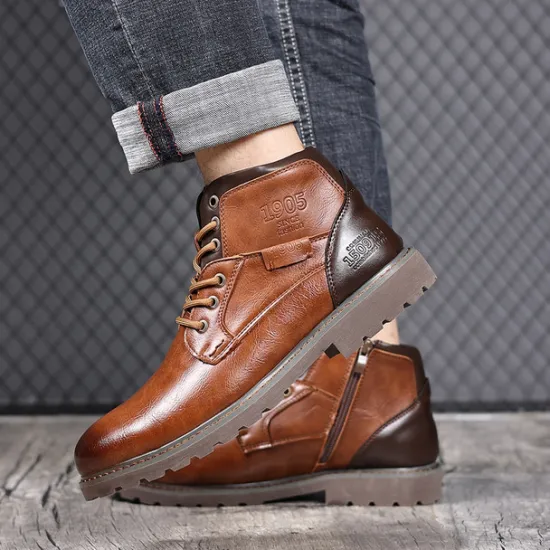 Sale OUKU Men's Vintage Brown Faux Leather Ankle Boots – Classic Lace-Up Design with Rugged Sole for Work & Casual Wear