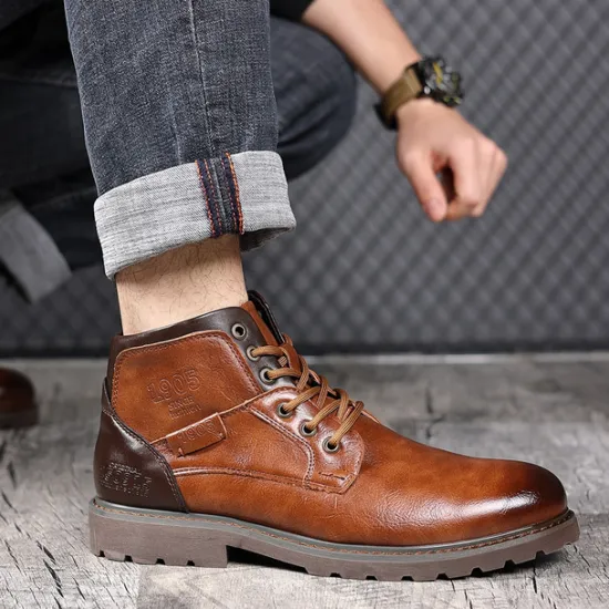 Sale OUKU Men's Vintage Brown Faux Leather Ankle Boots – Classic Lace-Up Design with Rugged Sole for Work & Casual Wear