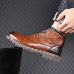 Sale OUKU Men's Vintage Brown Faux Leather Ankle Boots – Classic Lace-Up Design with Rugged Sole for Work & Casual Wear