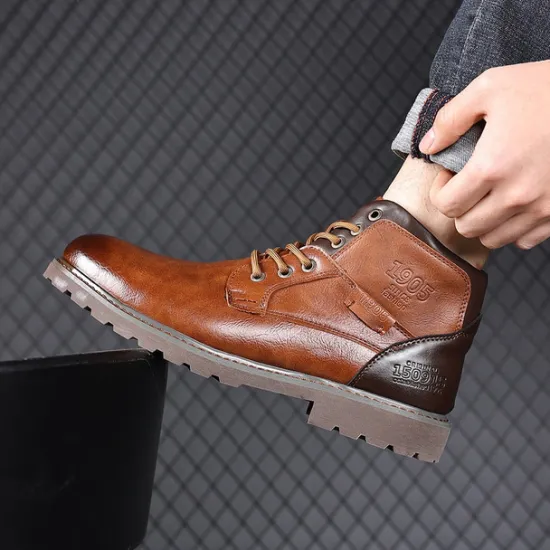 Sale OUKU Men's Vintage Brown Faux Leather Ankle Boots – Classic Lace-Up Design with Rugged Sole for Work & Casual Wear
