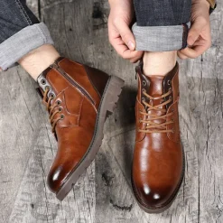 Sale OUKU Men's Vintage Brown Faux Leather Ankle Boots – Classic Lace-Up Design with Rugged Sole for Work & Casual Wear