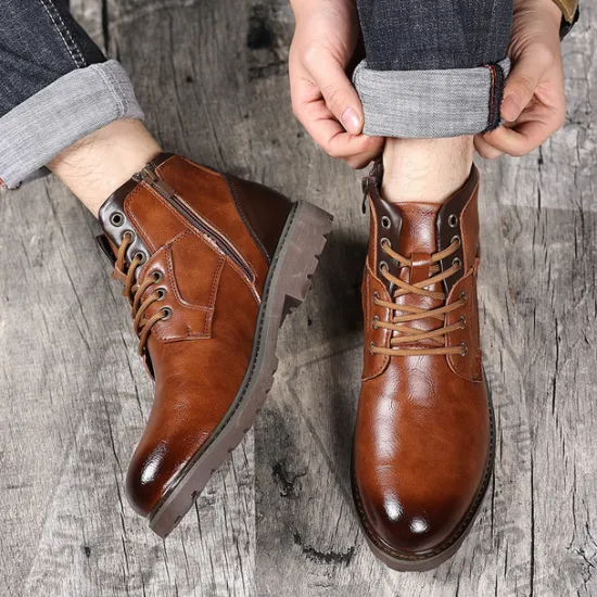 Sale OUKU Men's Vintage Brown Faux Leather Ankle Boots – Classic Lace-Up Design with Rugged Sole for Work & Casual Wear