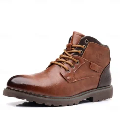 Sale OUKU Men's Vintage Brown Faux Leather Ankle Boots – Classic Lace-Up Design with Rugged Sole for Work & Casual Wear