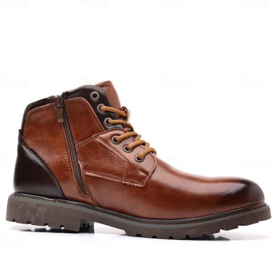 Sale OUKU Men's Vintage Brown Faux Leather Ankle Boots – Classic Lace-Up Design with Rugged Sole for Work & Casual Wear