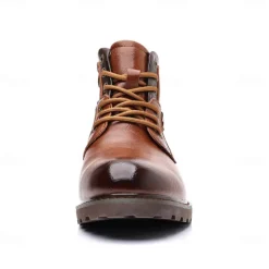 Sale OUKU Men's Vintage Brown Faux Leather Ankle Boots – Classic Lace-Up Design with Rugged Sole for Work & Casual Wear