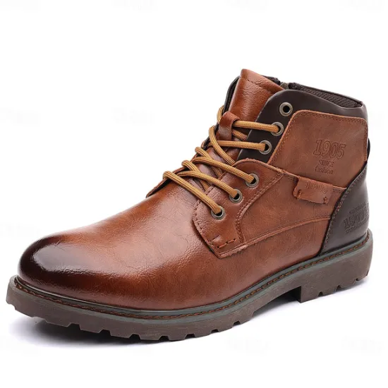 Sale OUKU Men's Vintage Brown Faux Leather Ankle Boots – Classic Lace-Up Design with Rugged Sole for Work & Casual Wear