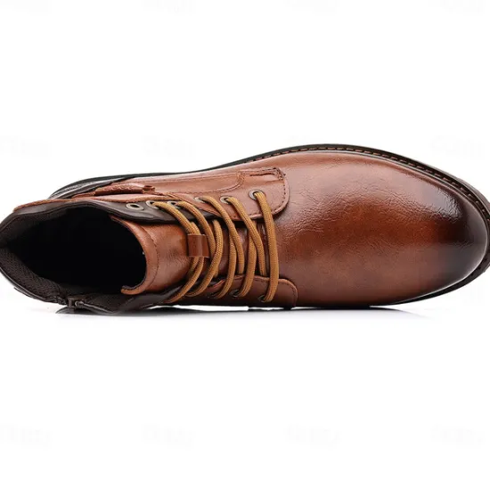 Sale OUKU Men's Vintage Brown Faux Leather Ankle Boots – Classic Lace-Up Design with Rugged Sole for Work & Casual Wear
