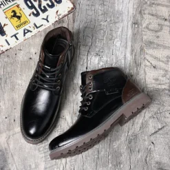 Sale OUKU Men's Vintage Brown Faux Leather Ankle Boots – Classic Lace-Up Design with Rugged Sole for Work & Casual Wear