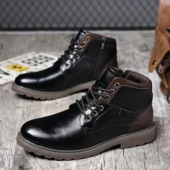 Sale OUKU Men's Vintage Brown Faux Leather Ankle Boots – Classic Lace-Up Design with Rugged Sole for Work & Casual Wear