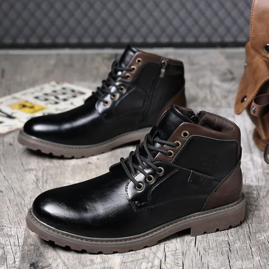 Sale OUKU Men's Vintage Brown Faux Leather Ankle Boots – Classic Lace-Up Design with Rugged Sole for Work & Casual Wear