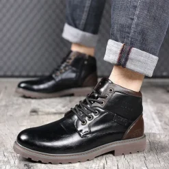 Sale OUKU Men's Vintage Brown Faux Leather Ankle Boots – Classic Lace-Up Design with Rugged Sole for Work & Casual Wear