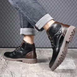 Sale OUKU Men's Vintage Brown Faux Leather Ankle Boots – Classic Lace-Up Design with Rugged Sole for Work & Casual Wear