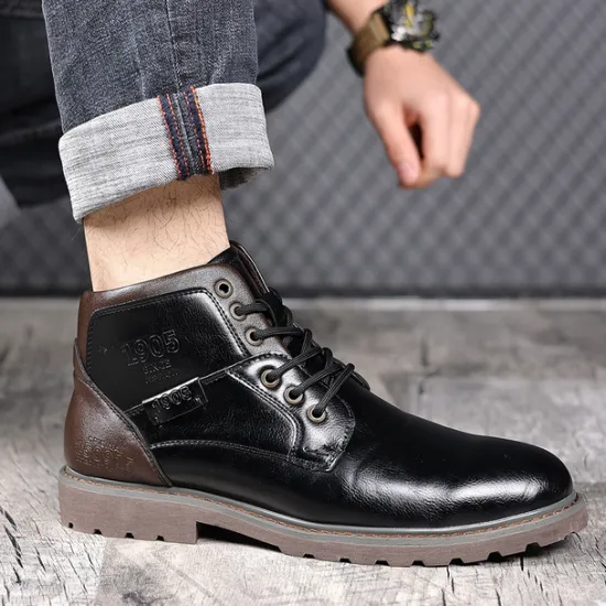 Sale OUKU Men's Vintage Brown Faux Leather Ankle Boots – Classic Lace-Up Design with Rugged Sole for Work & Casual Wear