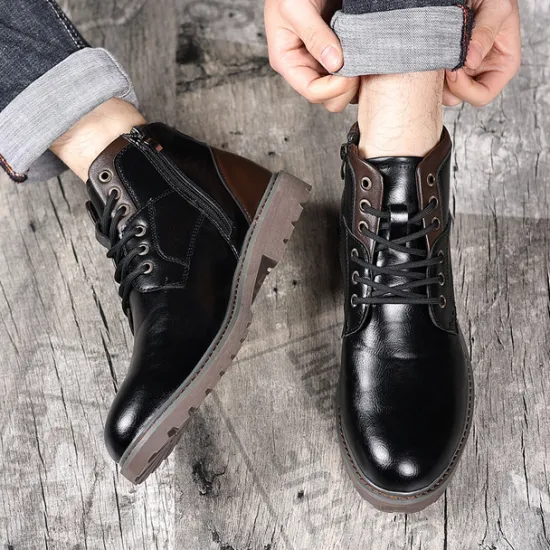Sale OUKU Men's Vintage Brown Faux Leather Ankle Boots – Classic Lace-Up Design with Rugged Sole for Work & Casual Wear