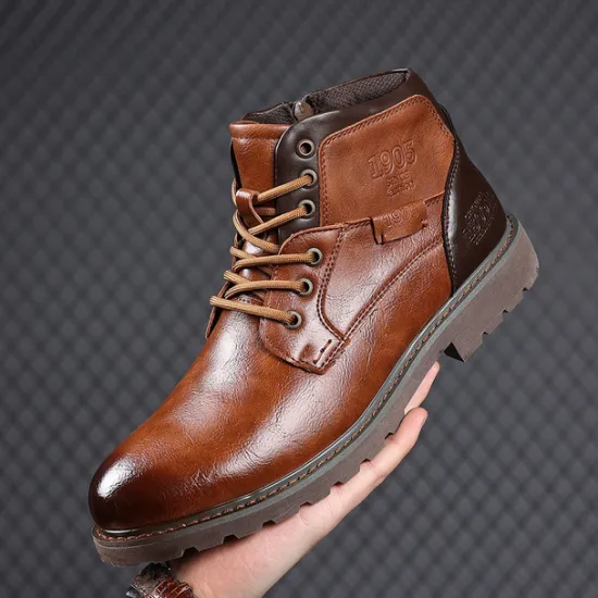 Sale OUKU Men's Vintage Brown Faux Leather Ankle Boots – Classic Lace-Up Design with Rugged Sole for Work & Casual Wear