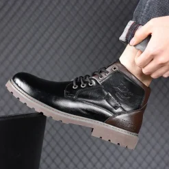 Sale OUKU Men's Vintage Brown Faux Leather Ankle Boots – Classic Lace-Up Design with Rugged Sole for Work & Casual Wear