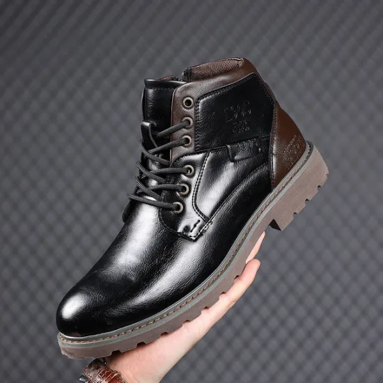Sale OUKU Men's Vintage Brown Faux Leather Ankle Boots – Classic Lace-Up Design with Rugged Sole for Work & Casual Wear
